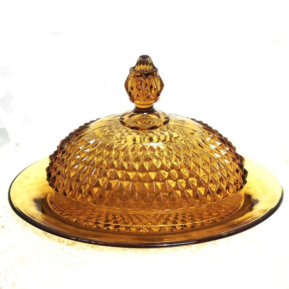 Indiana Glass Amber Diamond Point 70's  Oval Covered Butter Dish Vtg - Picture 4 of 12